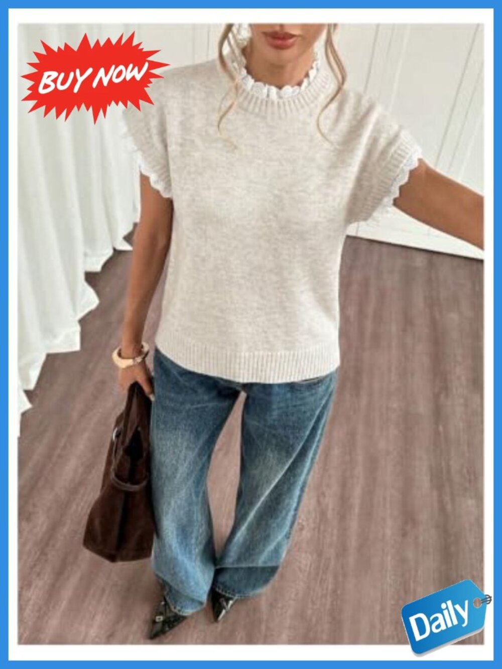Lace Ruffle Hem Mock Neck Knit Pullover Sweater Vest Cap Sleeve - Picture 5 of 6